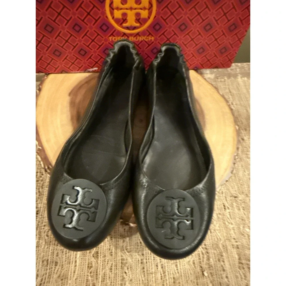 Tory Burch Minnie Travel Matte Black Leather Round Toe Ballet Flats Size 6.5